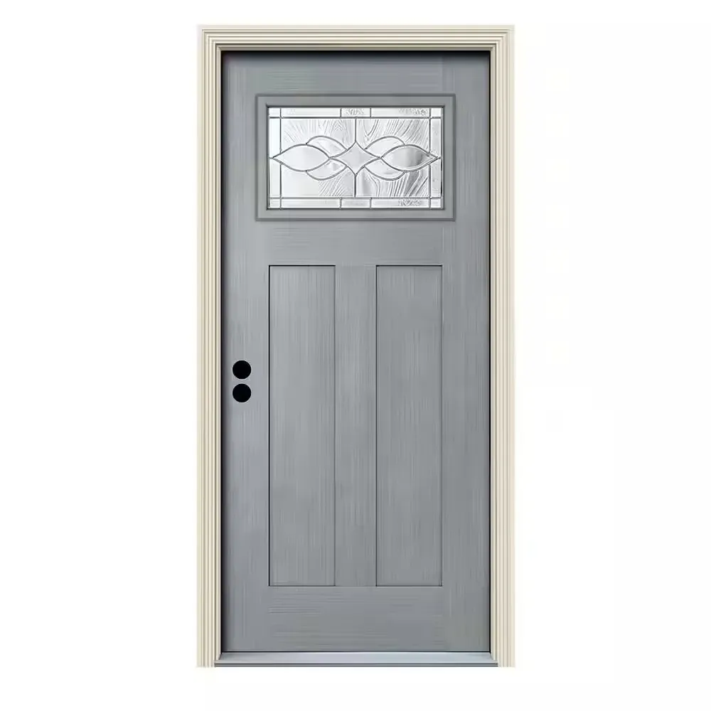 **has a minor dent on the bottom of the door **36 in. x 80 in. Stone Right-Hand 1-Lite Craftsman Carillon Stained Fiberglass Prehung Front Door with Brickmould - image 1