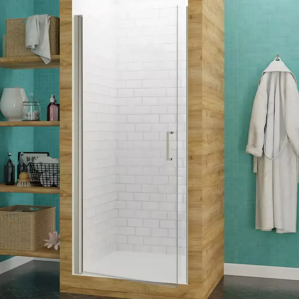 Lancer Series 23.4 in. x 72 in. H Hinged Frameless Shower Door in Brushed Nickel with Tsunami Guard Tempered Glass - image 1