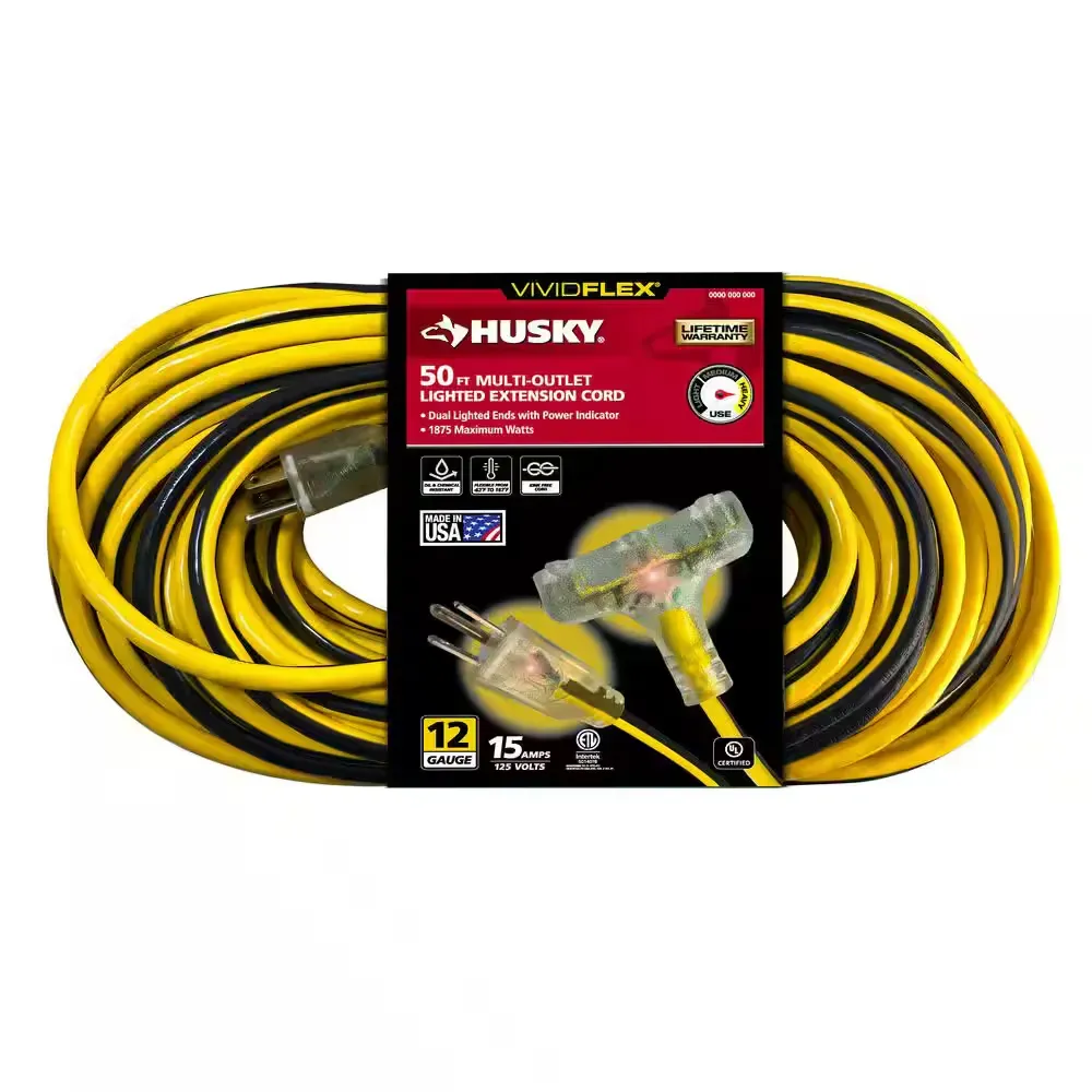 Vividflex 50 ft. 12/3 Heavy Duty Indoor/Outdoor Triple Tap Extension Cord with Lighted Ends, Yellow - image 1
