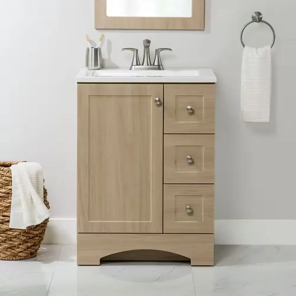 Lancaster 25 in. Single Sink Beige Oak Bath Vanity with White Cultured Marble Top (Assembled) - image 1