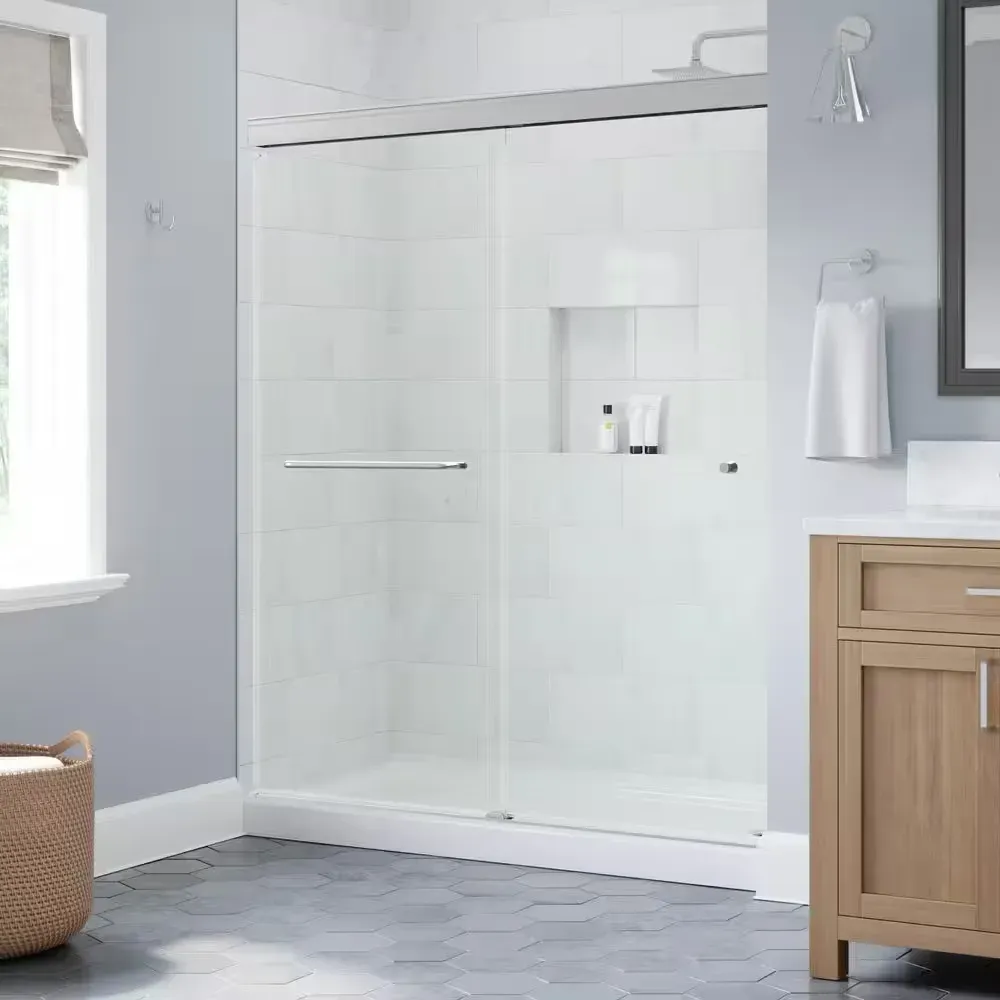 Portwood 52 to 60 in. W x 70-1/4 in. H Semi-Frameless Sliding Shower Door in Chrome with 1/4 in. Clear Glass - image 1