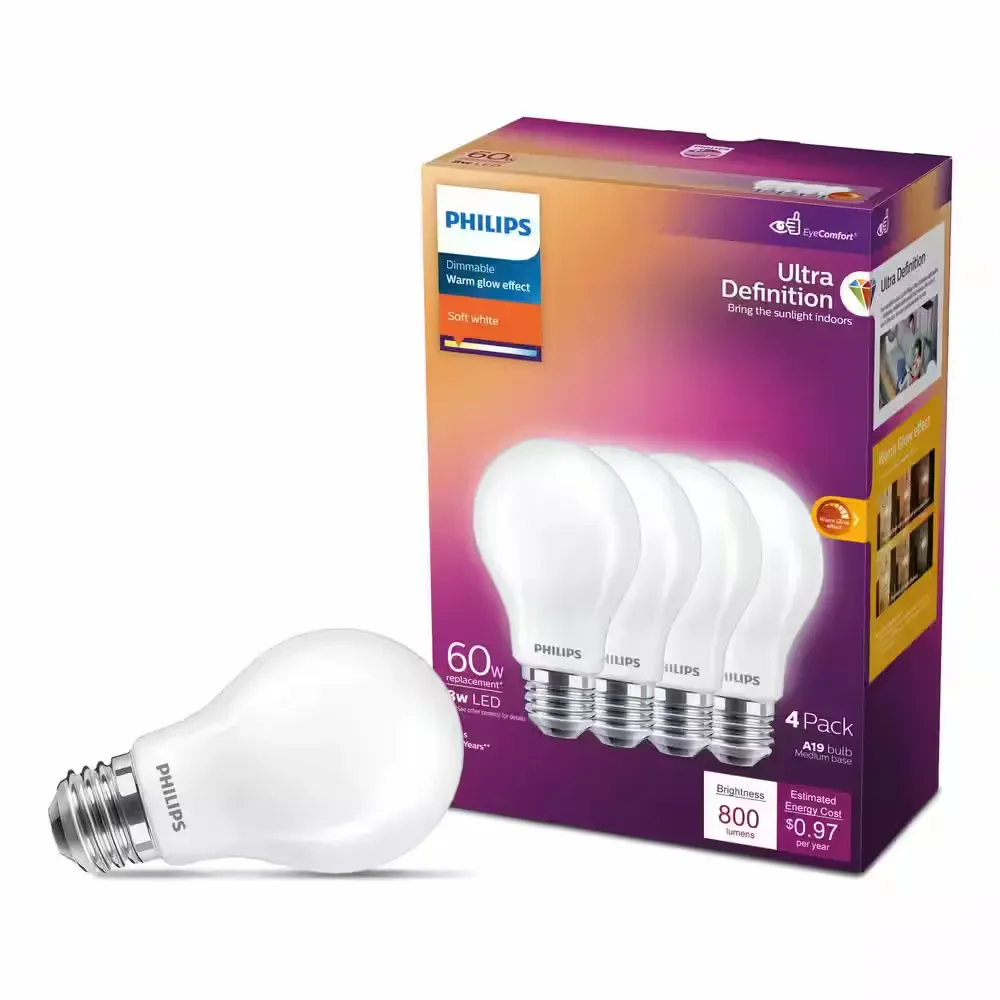 ***pack of 4***60-Watt Equivalent A19 Ultra Definition Dimmable E26 LED Light Bulb EyeComfort Soft White with Warm Glow 2700K (4-Pack) - image 1