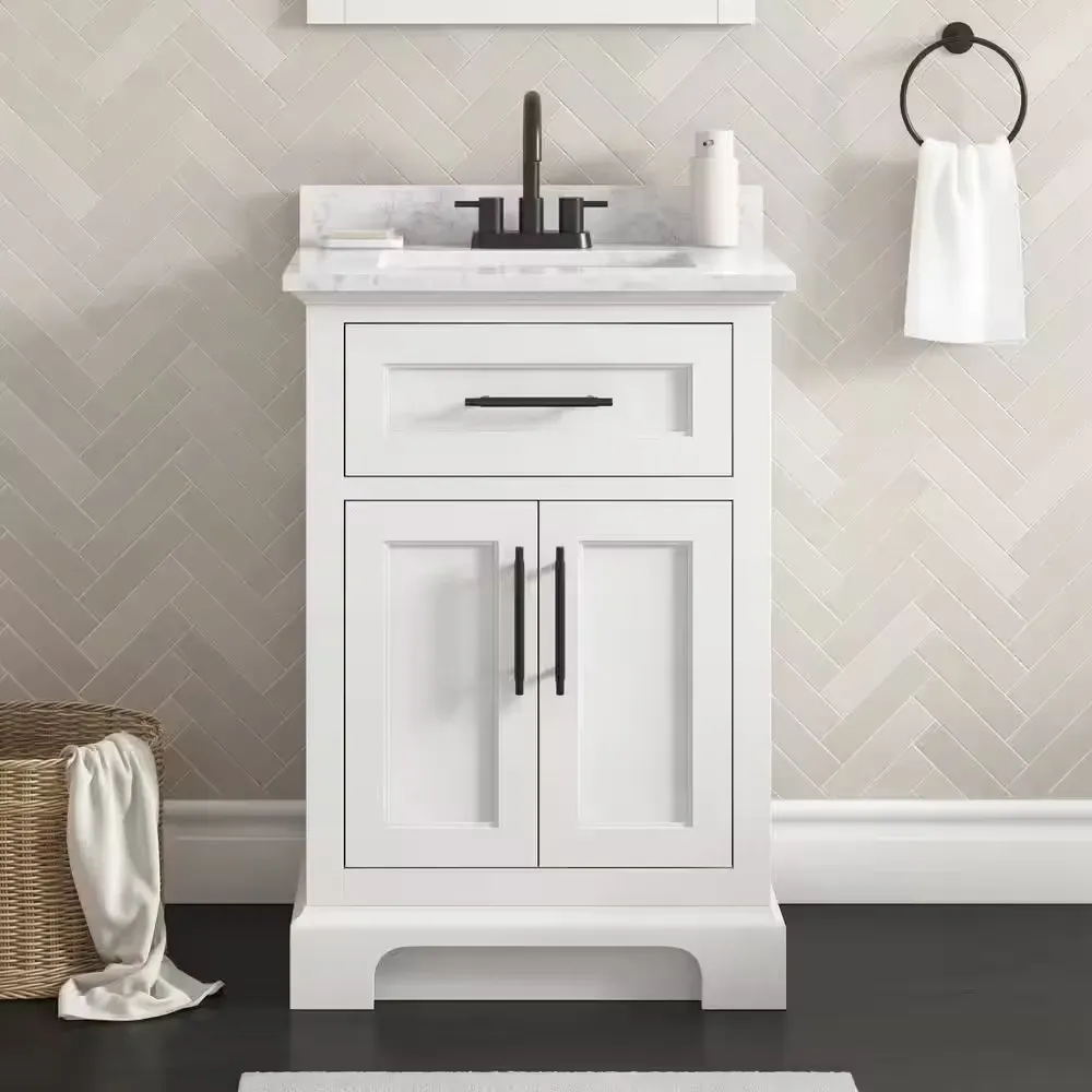 Doveton 24 in. Single Sink Freestanding White Bath Vanity with White Engineered Marble Top (Assembled) - image 1