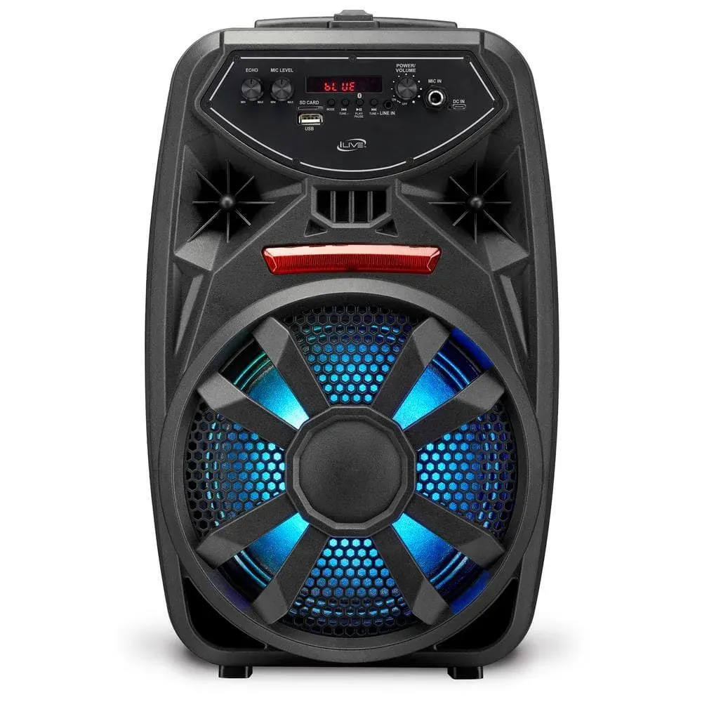 iLive Wireless Tailgate Party Speaker with Built-In 8 in. Speaker, FM Scan Radio, Retractable Handle, Wheels, LED Lights, BLK - image 1