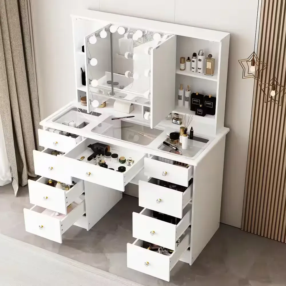 White Makeup Vanity Desk 9 Drawers Wood Dressing Table With 3 LED Bulb Light Mirrors, Glass Top, Hidden Storage Shelves - image 1