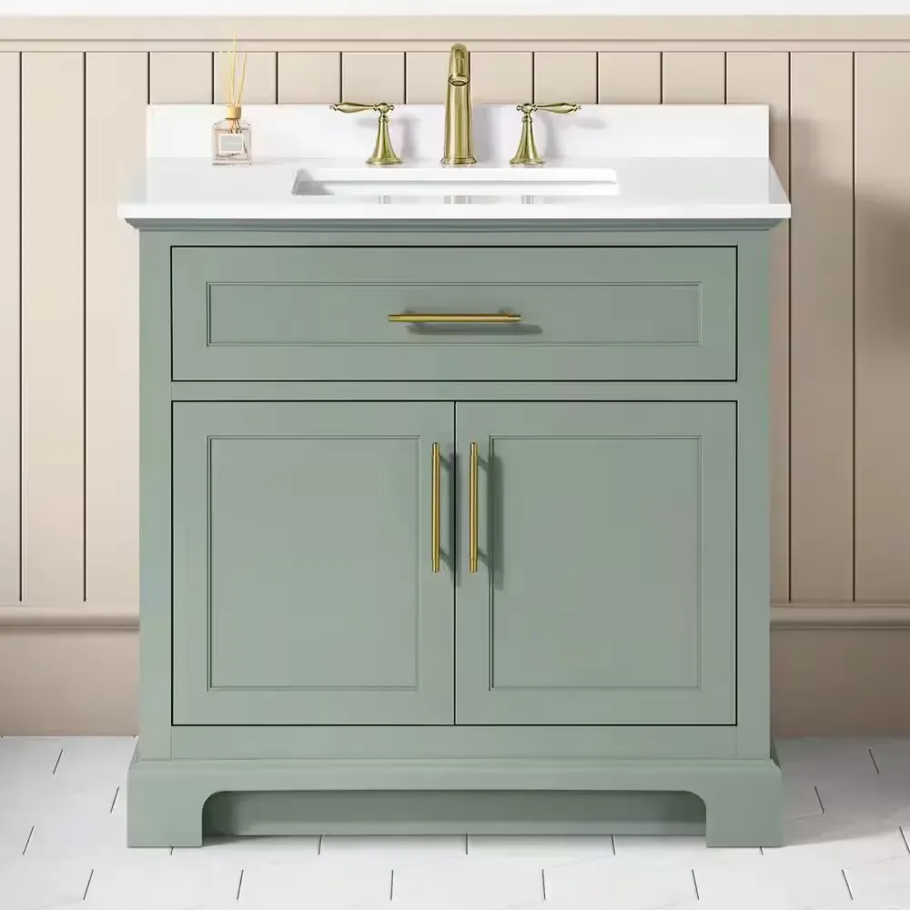 ***sink has  tiny crack Doveton 36 in. Single Sink Freestanding Sage Green Bath Vanity with White Engineered Stone Top (Assembled) - image 1