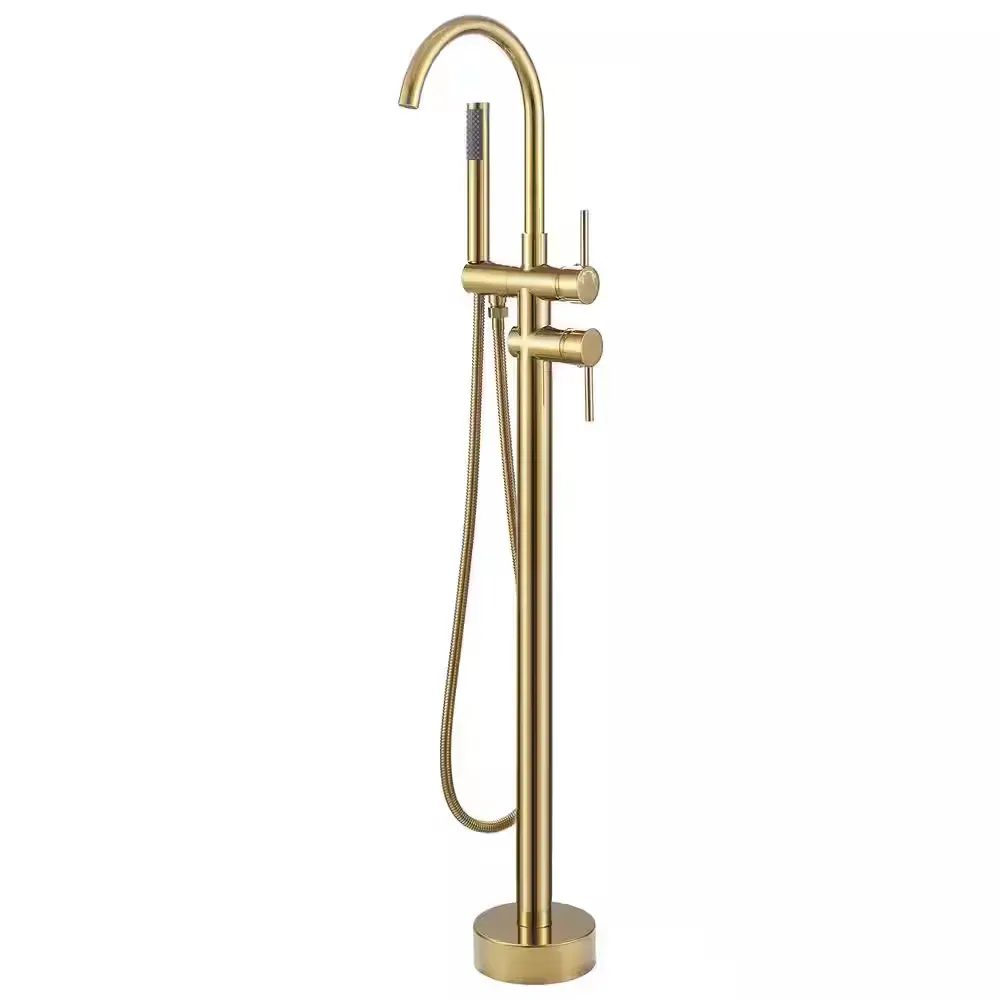 Waterfall Single-Handle Floor Mount Freestanding Tub Faucet Bathtub Filler with Hand Shower in. Brushed Gold - image 1