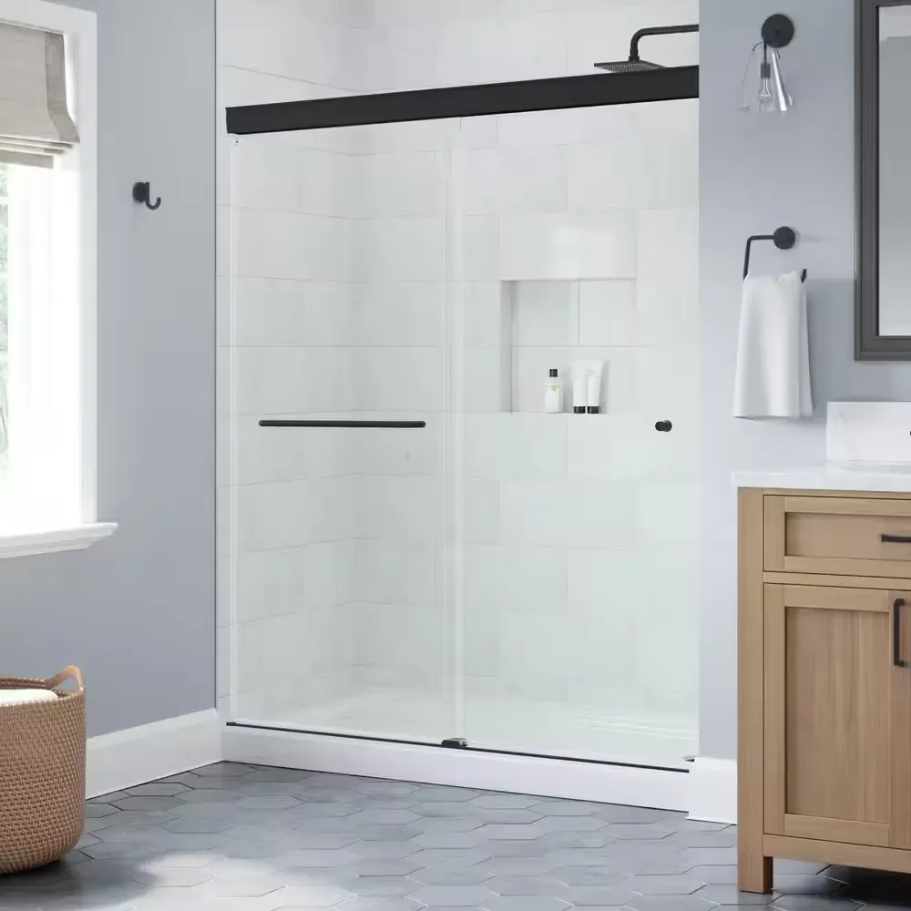Portwood 52 to 60 in. W x 70-1/4 in. H Semi-Frameless Sliding Shower Door in Matte Black with 1/4 in. Clear Glass - image 1