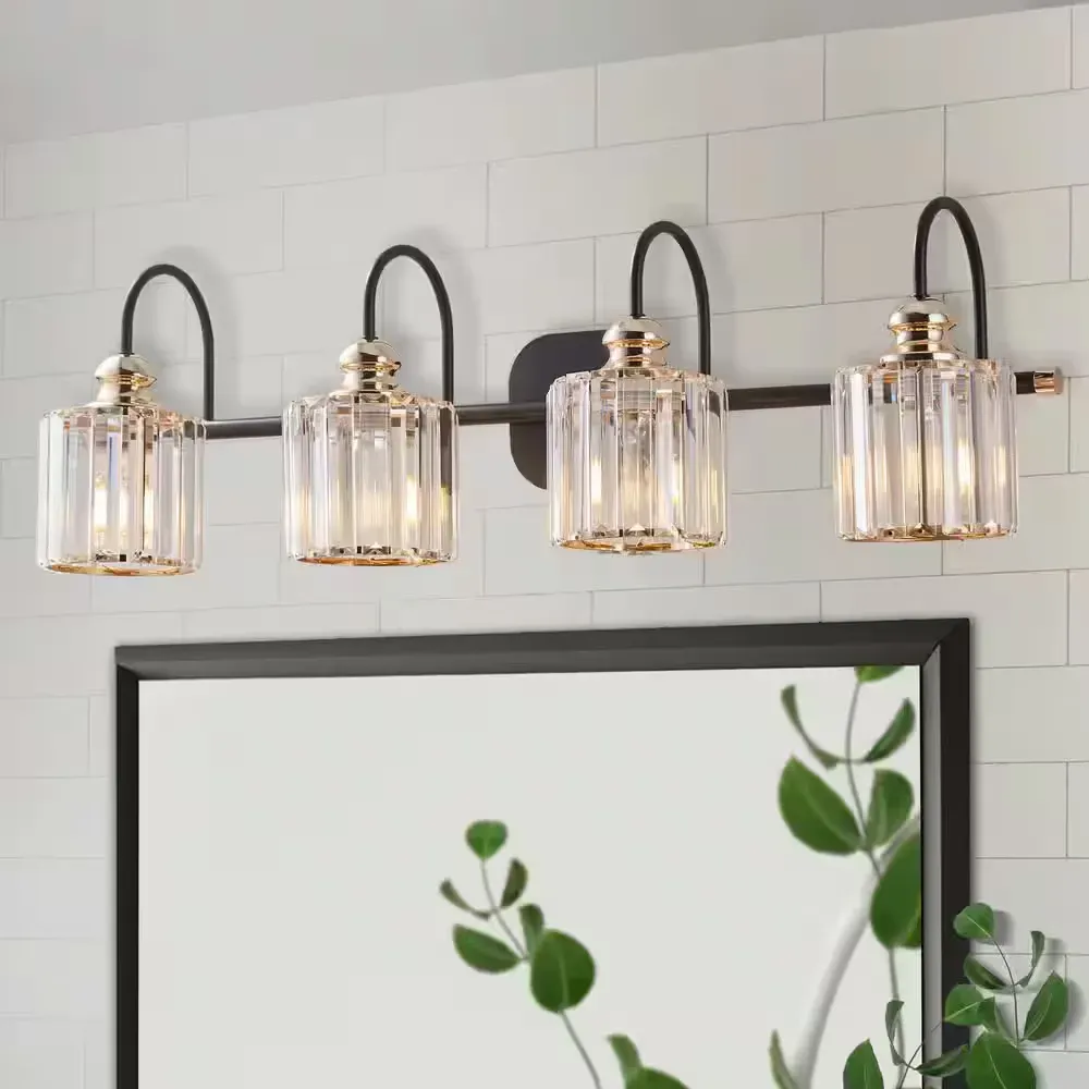 Merrin 32 in. 4-Lights Metal Black & Gold Bathroom Vanity Light with Crystal Shades - image 1