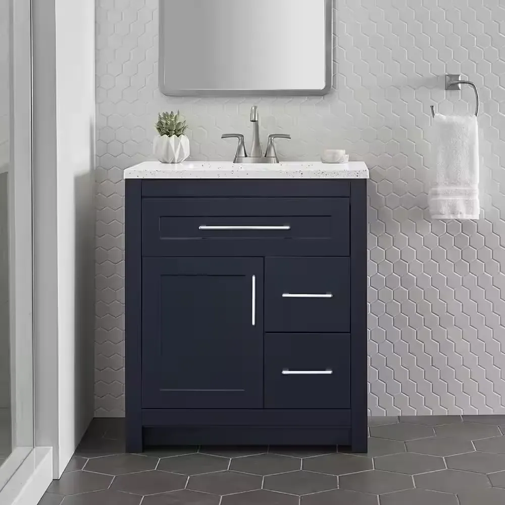 30-Inch Navy Blue Single-Sink Bathroom Vanity with White Countertop - image 1