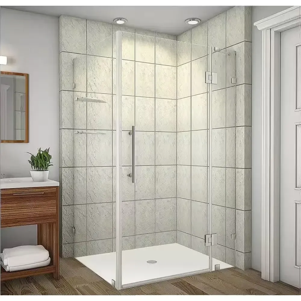 **missing the handles** Avalux GS 42 in. x 38 in. x 72 in. Frameless Corner Hinged Shower Enclosure with Glass Shelves in Stainless Steel - image 1