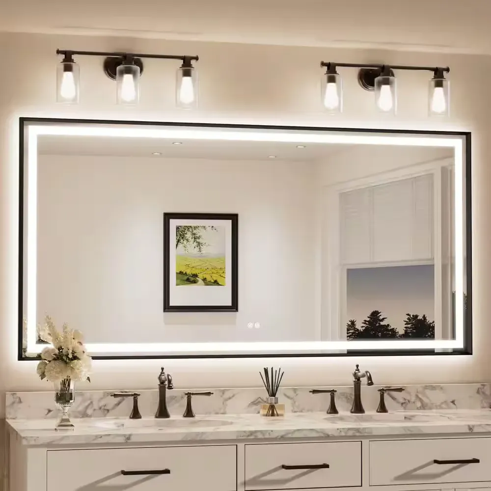 ***back has minor damage ***72 in. W x 36 in. H Rectangular Framed LED Lighted Bathroom Vanity Mirror with Light in Black with Backlit and Anti-Fog - image 1