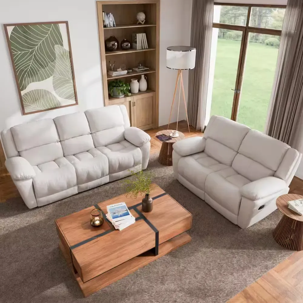 Loure 2-Piece Off White Leather Match Reclining Living Room Set with Pillow Top Arms and Adjustable Headrest - image 1