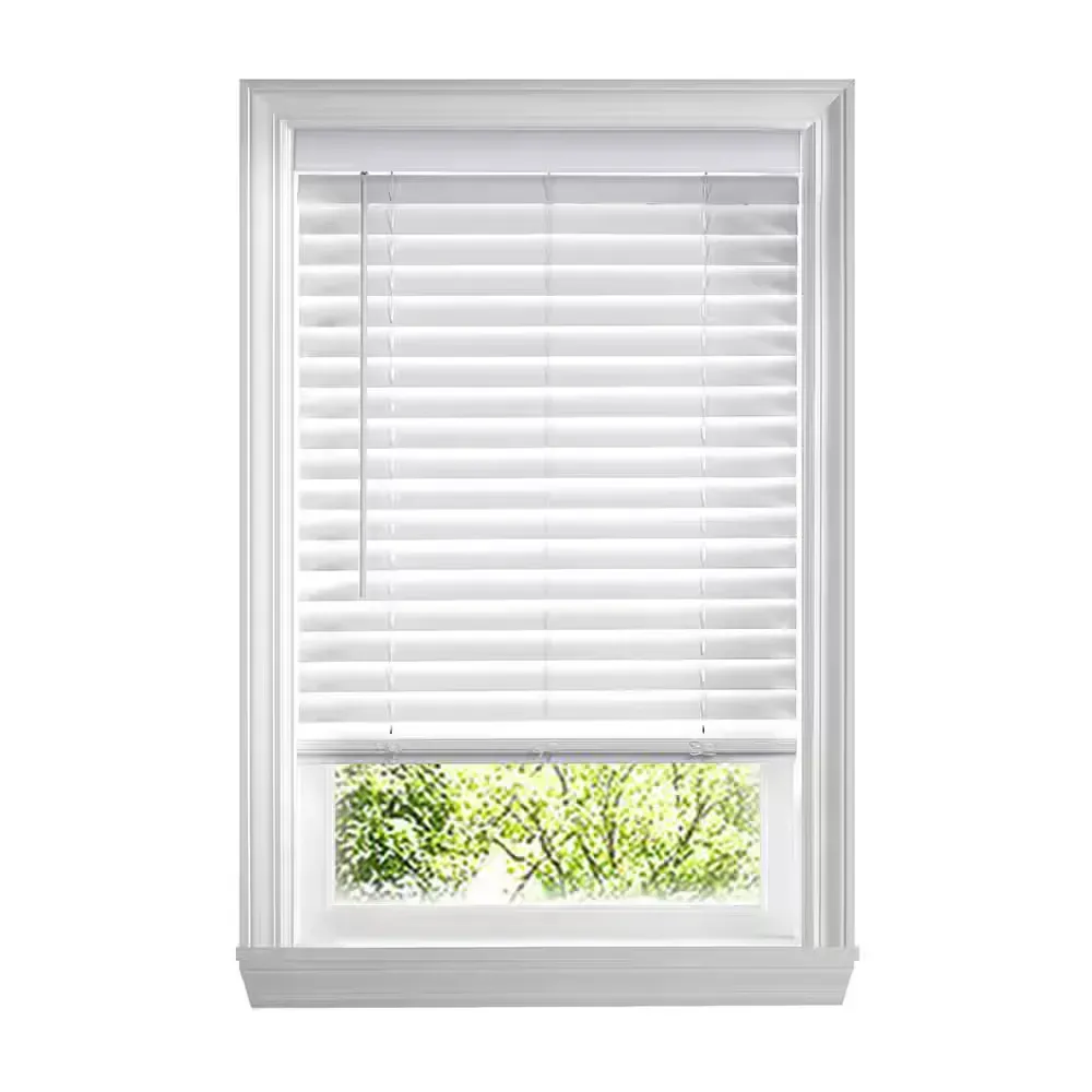 White Cordless Faux Wood Blinds for Windows with 2 in. Slats - 32 in. W x 64 in. L (Actual Size 31.5 in. W x 64 in. L) - image 1