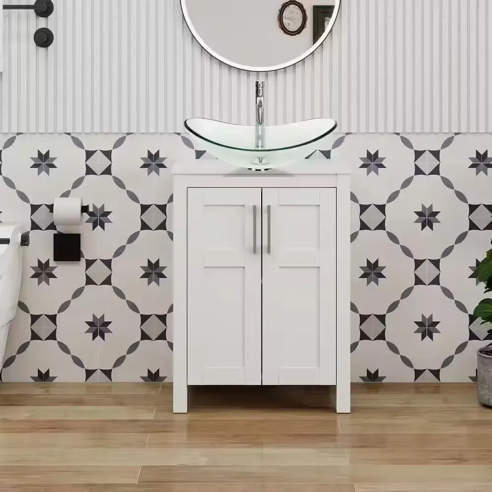 24 in. W x 18.1 in. D x 31.7 in. H Single Sink White Bath Vanity with White Solid Surface Top Transparent Sink - image 1