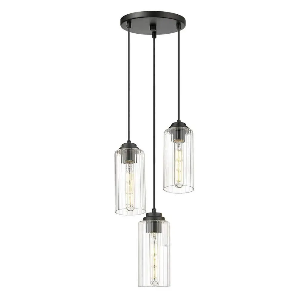 pasentel Modern 3 Light Black Pendant Light with Clear Striped Glass Shades, No Bulbs Included - image 1