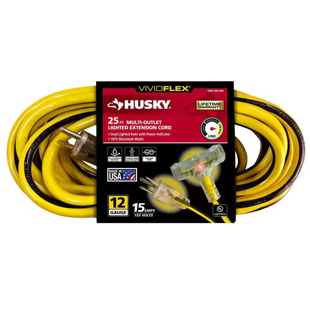 VividFlex 25 ft. 12/3 Heavy Duty Indoor/Outdoor Triple Tap Extension Cord with Lighted Ends, Yellow - image 1