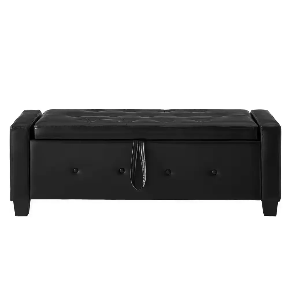 Black Faux Leather Rectangle Upholstered Accent Big (48 in.) Ottoman Bench w/ Storage for Bedroom, Living Room, Hallway - image 1