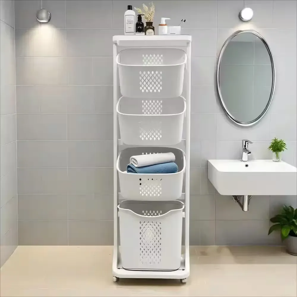 ***with no wheel set White Plastic 4 Bags 5-Tier Laundry Sorter Hamper, Laundry Storage Organizer w/Wheels Removable Rolling Laundry Basket - image 2