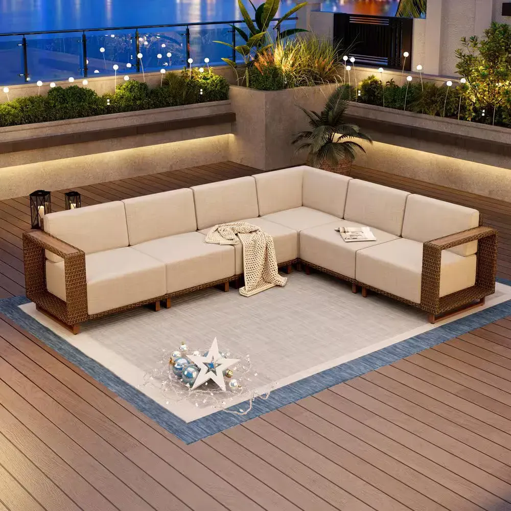 ***Incomplete piece of furniture**Brown Wicker 6 Seat 6-Piece Steel Outdoor Patio Conversation Set with Beige Cushions - image 1