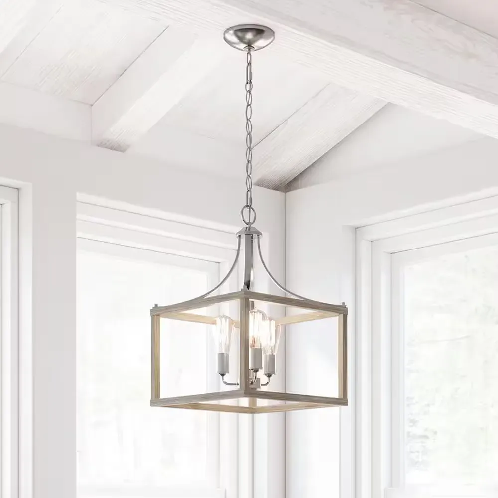 Boswell Quarter 14 in. 3-Light Brushed Nickel Farmhouse Square Chandelier with Painted Weathered Gray Wood Accents - image 1