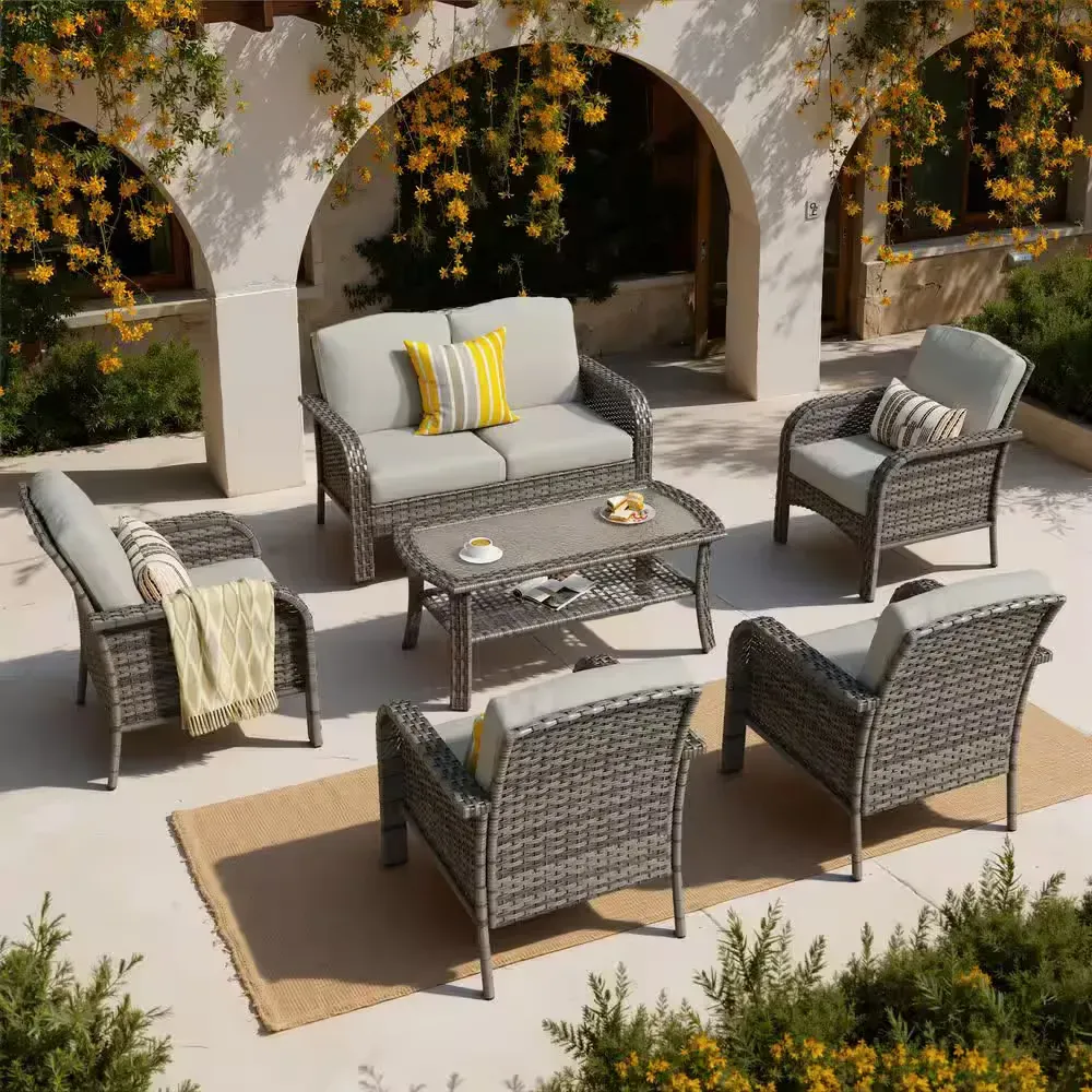 Missisi Gray 6-Piece Wicker Patio Conversation Seating Set with Dark Gray Cushions - image 1