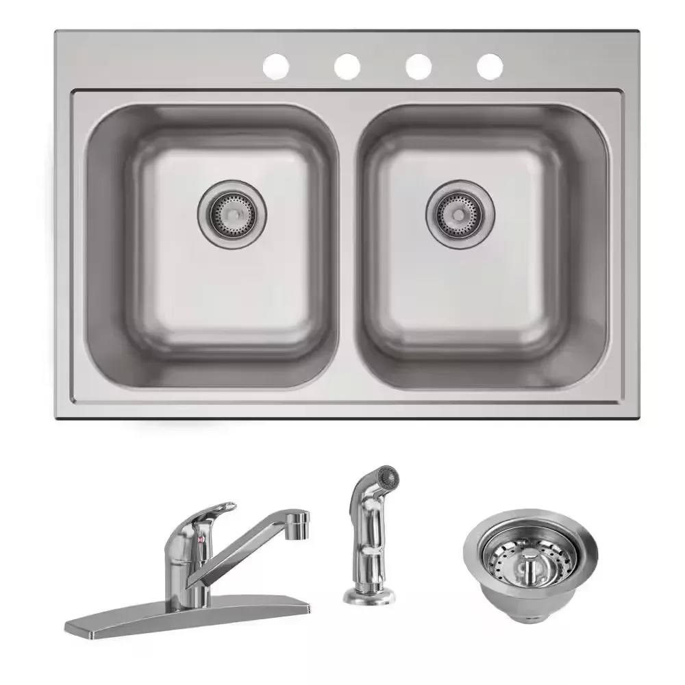 Parkway 33 in. Drop-in Double Bowl 20 Gauge Stainless Steel Sink w/Faucet - image 1
