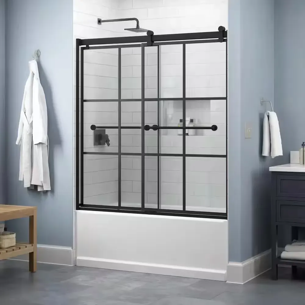 Everly Contemporary 58-1/2 in. W x 60-1/8 in. H Frameless Sliding Bathtub Door, Matte Black with Patterned Ingot Glass - image 1