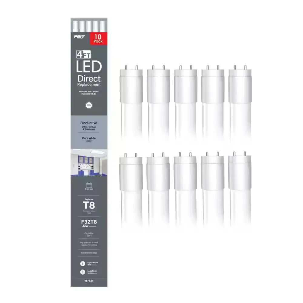 18-Watt 4 ft. T8 G13 Type A Plug and Play Linear LED Tube Light Bulb, Cool White 4000K (10-Pack) - image 1