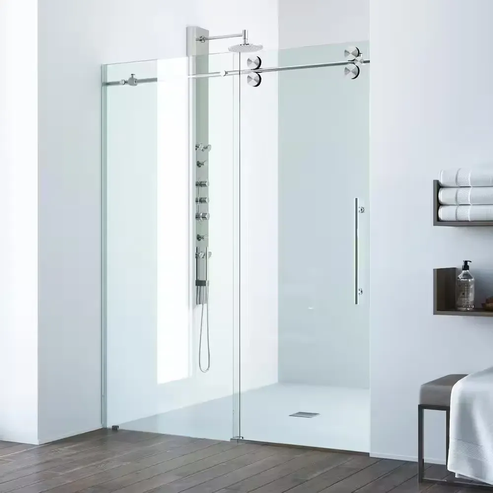 **PHOTOS FOR REFERENCE ONLY: NOT SAME MODEL / PARTIAL PACKAGE**Elan 56 to 60 in. W x 74 in. H Frameless Sliding Shower Door in Stainless Steel in 3/8 in. (10 mm) Clear Glass - image 1