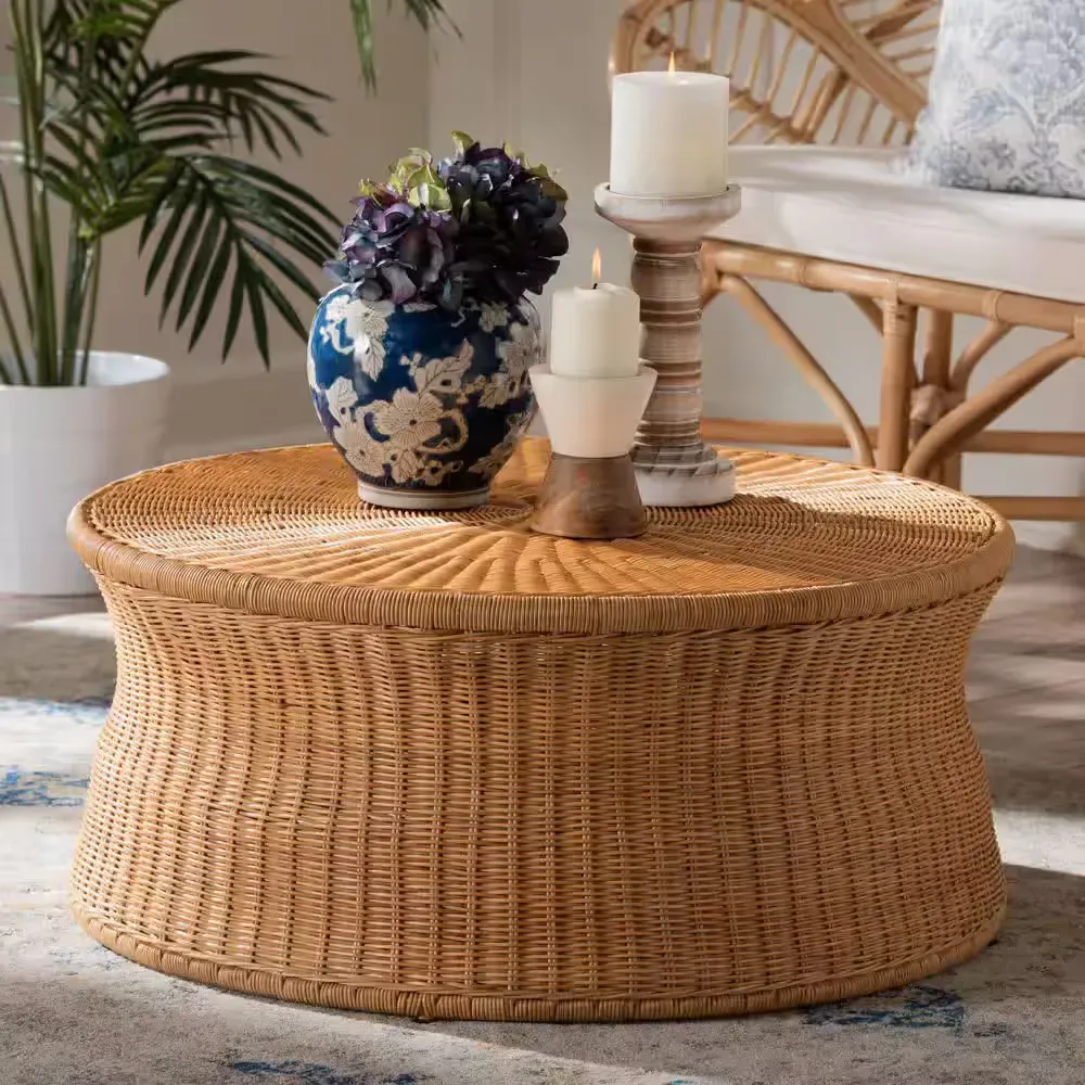 Caroline 30 in. Light Honey Round Rattan/Wicker Coffee Table - image 2