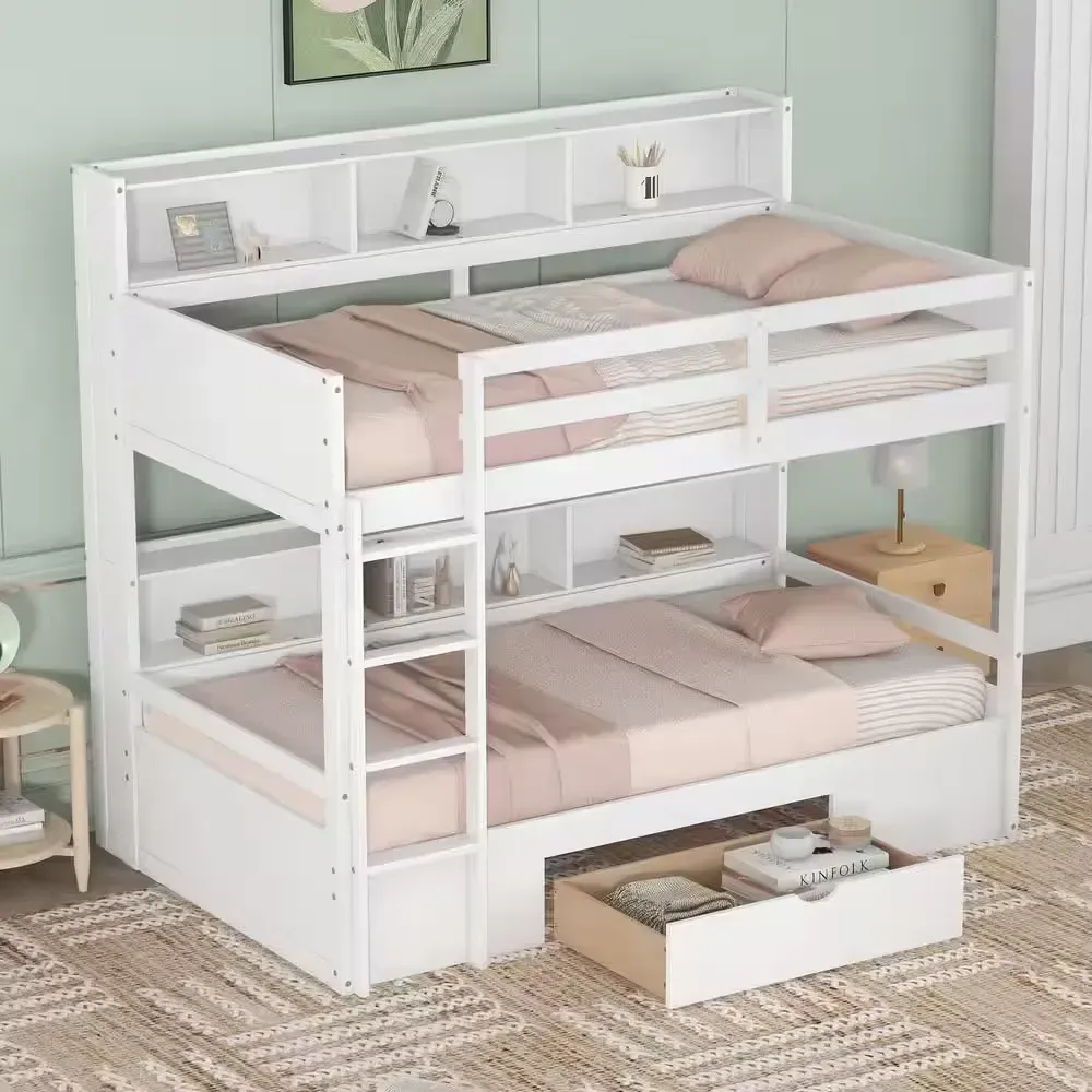 White Twin Size Bunk Bed with Built-in Shelves and Storage Drawer - image 1