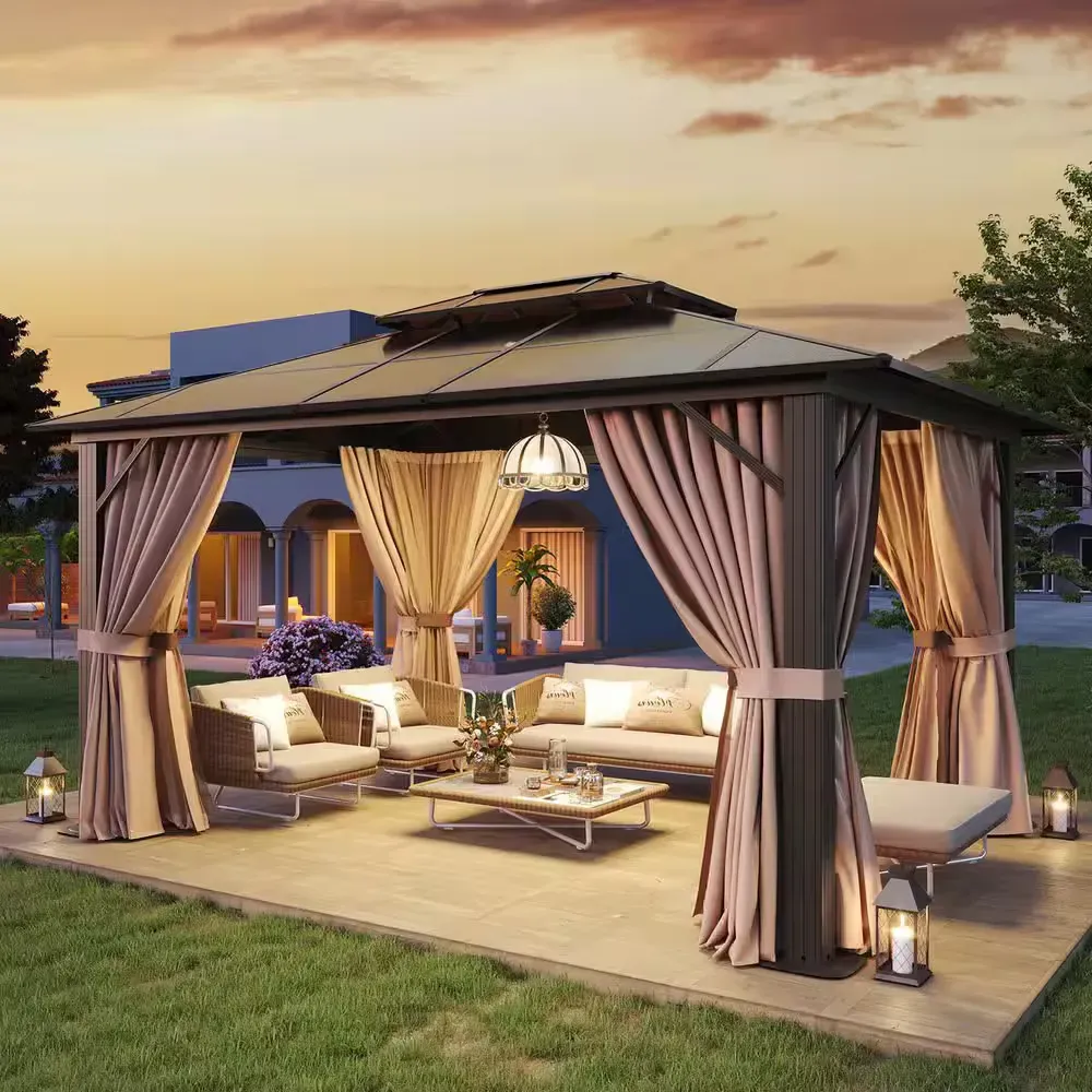 12 ft. x 10 ft. Hardtop Outdoor Double Roof Gazebo with Netting and Curtains - image 1