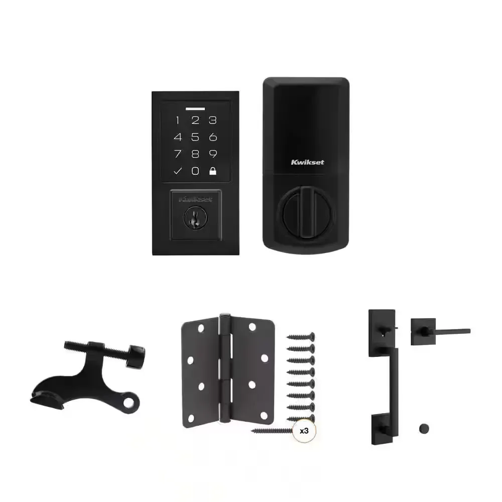 SmartCode 270 Deadbolt, Hinge Pin Stop, 4 in. Hinge (3-Count) and San Clemente Handleset Combo - image 1
