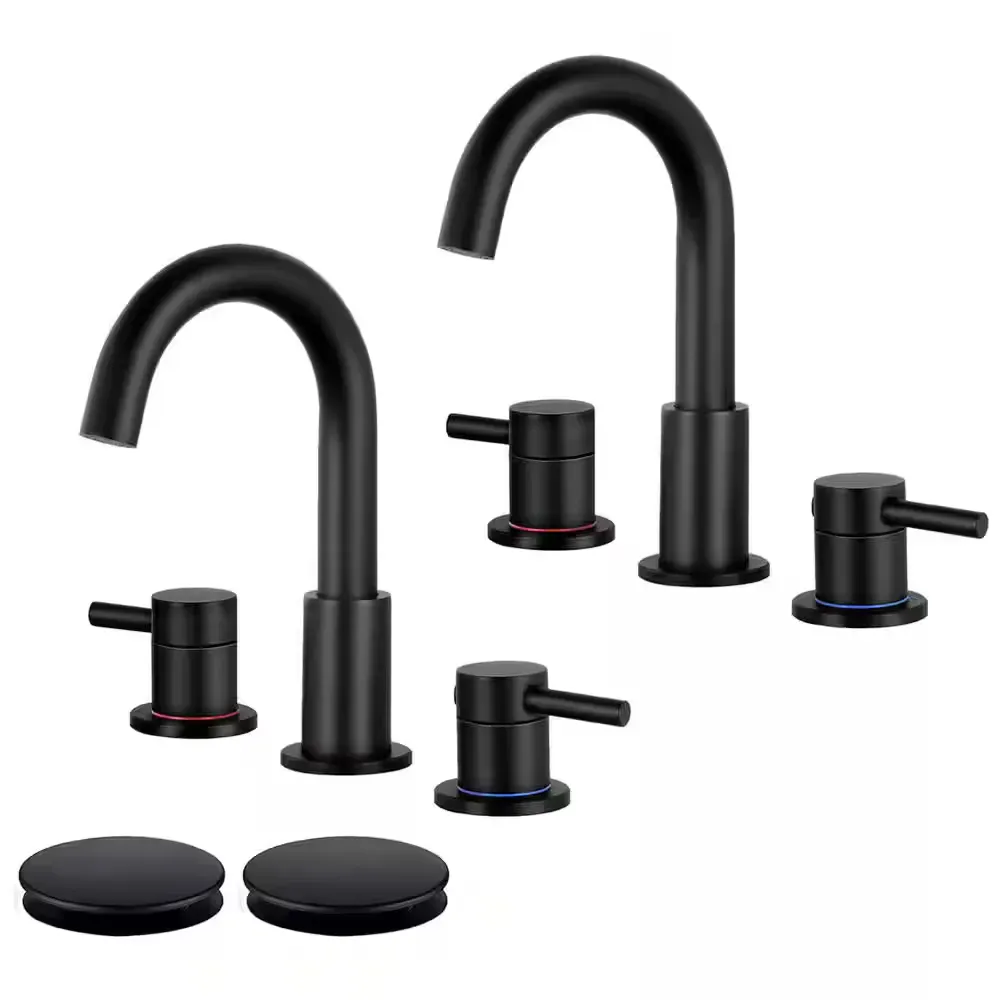 8 in. Widespread 2-Handle Low Arc Bathroom Faucet With Pop drain in Matte Black (2-Pack) - image 1
