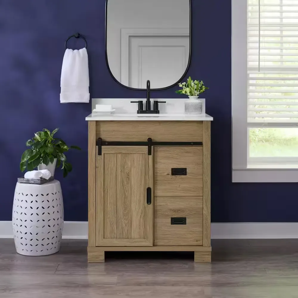 Brindley 30 in. Single Sink Freestanding Aged Oak Bath Vanity with White Engineered Stone Top (Assembled) - image 1