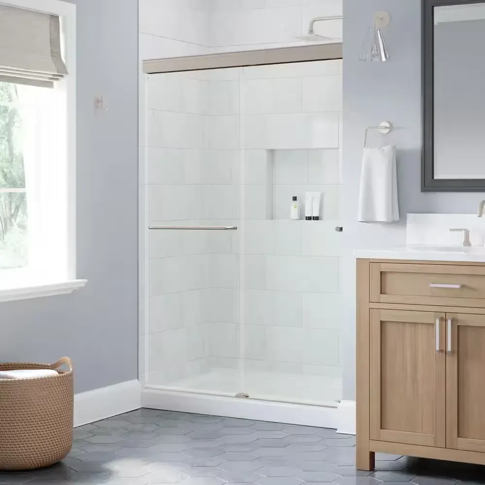 Portwood 44 to 48 in. W x 70-1/4 in. H Semi-Frameless Sliding Shower Door in Nickel with 1/4 in. Clear Glass - image 1