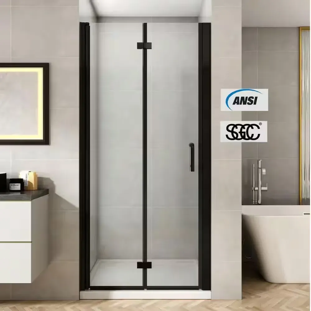 36 to 37-1/4 in. W x 72 in. H Bi-Fold Frameless Shower Doors in Black with Clear Glass - image 1